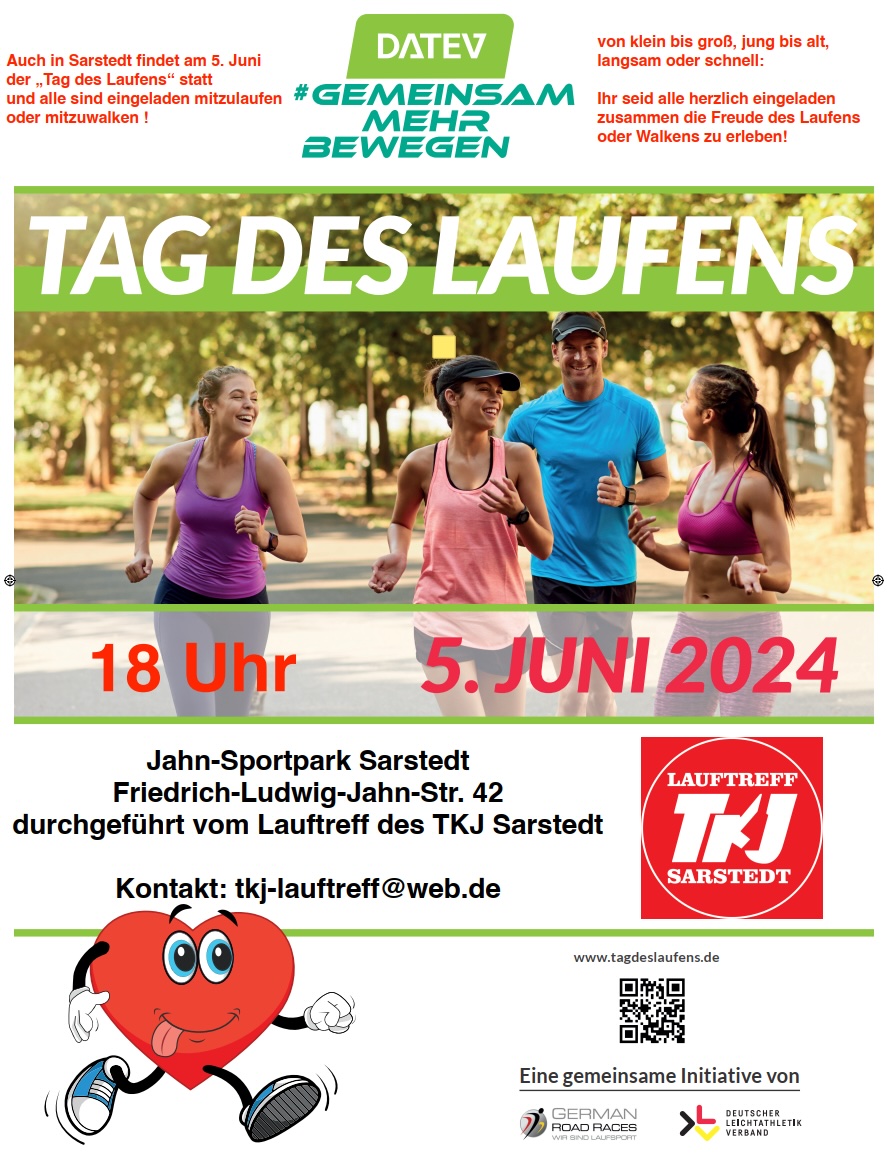 Am 5. Juni zeigt ganz Deutschland am Tag des Laufens, wie glücklich laufen macht – auch der Lauftreff des TKJ Sarstedt lädt zum gemeinsamen Laufen oder Walken in den Jahn-Sportpark ein